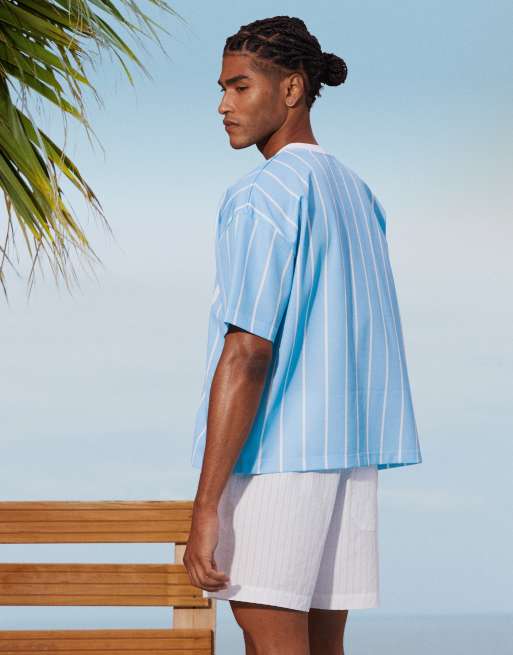 ASOS DESIGN - Gestreept oversized T-shirt met rechte pasvorm en grafisch logo in blauw , 3 van 4