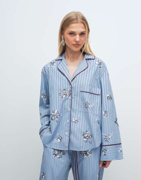 ASOS DESIGN - Gestreept pyjamaoverhemd met versiering, deel van co-ord set - view 1