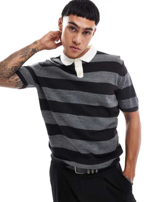 ASOS DESIGN - Gestreept rugbyshirt met korte mouwen in grijs