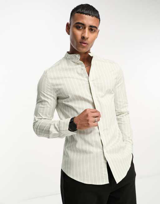 ASOS DESIGN - Gestreept skinny overhemd zonder kraag in saliegroen