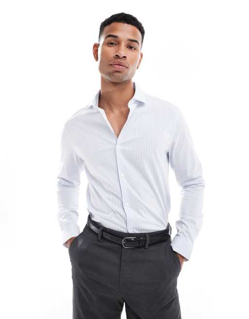 ASOS DESIGN - Gestreept slim-fit overhemd met open kraag in wit en blauw