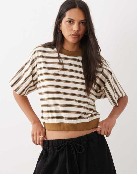 ASOS DESIGN gestreept T-shirt met contrasterende hals in kaki - view 1