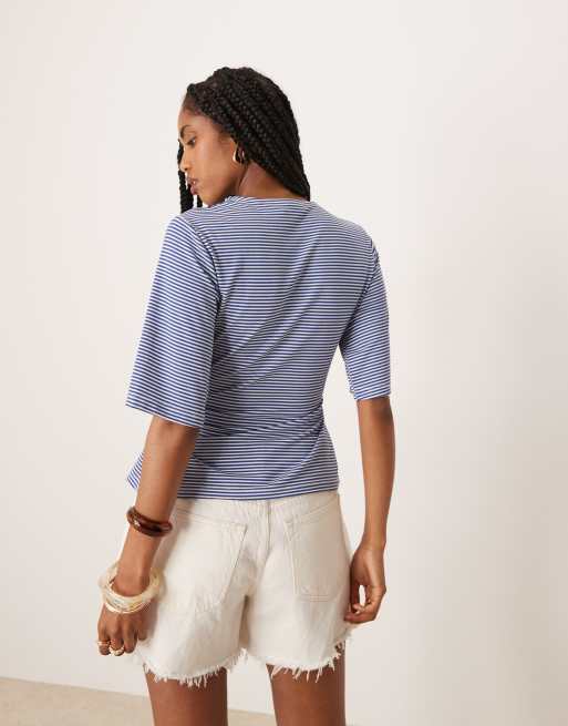ASOS DESIGN - Gestreept T-shirt met gestrikt detail in blauw, 4 van 4
