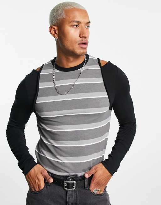 ASOS DESIGN - Gestreept T-shirt met lange mouwen en uitsnijdingen in grijs