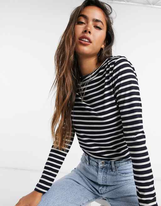 ASOS DESIGN - Gestreept T-shirt met lange mouwen in marineblauw
