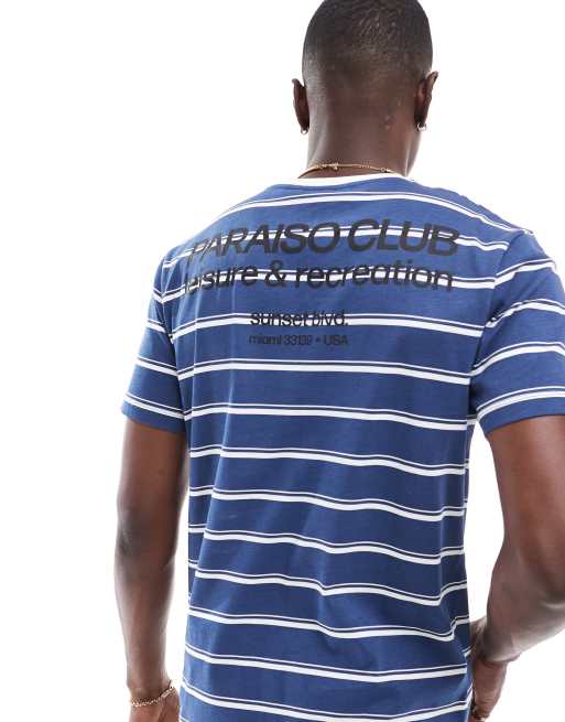 ASOS DESIGN - Gestreept T-shirt met print op de achterkant in marineblauw en wit