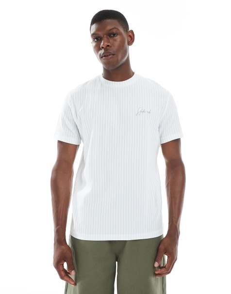 ASOS DESIGN - Gestreept T-shirt met Studio-borduursel en textuur in blauw en gebroken wit - view 1