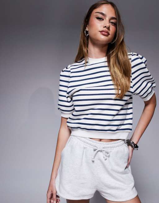 ASOS DESIGN - Gestreept T-shirt van sweaterstof met korte mouwen in blauw en wit