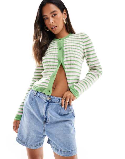 ASOS DESIGN - Gestreept vest met knoopsluiting en halflange mouwen in groen - view 1