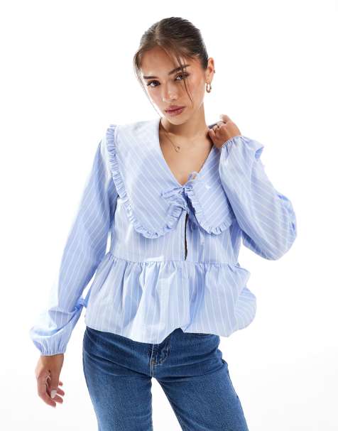 ASOS DESIGN - Gestreepte blouse met ruches, oversized kraag en peplum in blauw - view 1