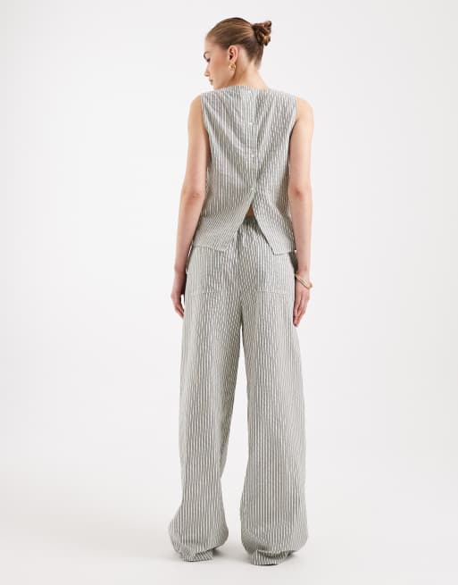 ASOS DESIGN - Gestreepte broek met elastische taille in grijs en crème, deel van co-ord set, 2 van 5