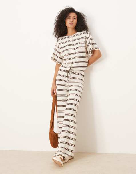ASOS DESIGN - Gestreepte broek met halfhoge taille en wijde pijpen in ivoorwit - view 1