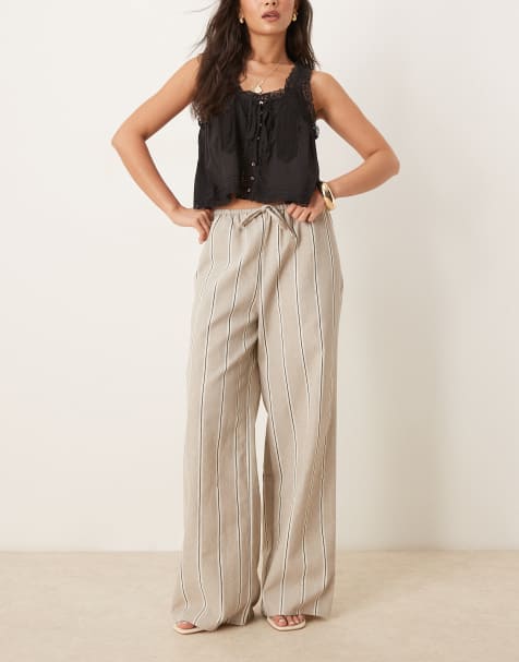 ASOS DESIGN - Gestreepte broek met linnenlook, wijde pijpen en elastische taille in taupe - view 1