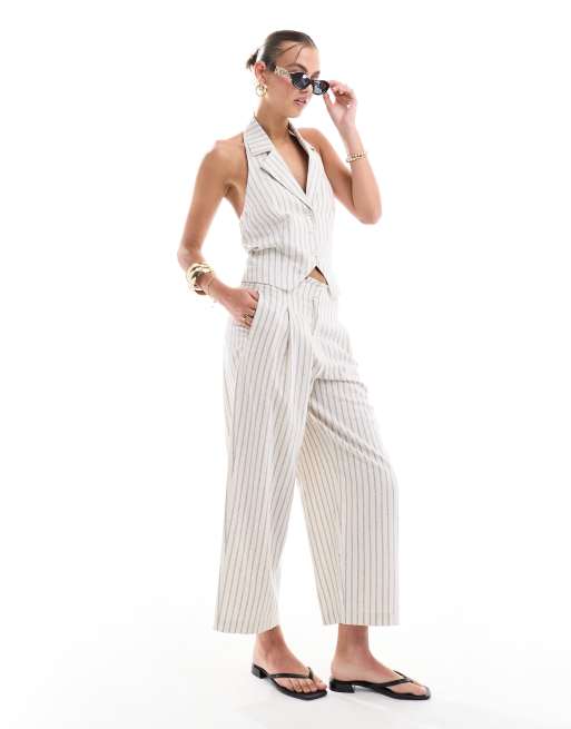 ASOS DESIGN - Gestreepte broek met rechte, wijde pijpen, onafgewerkte rand en linnen