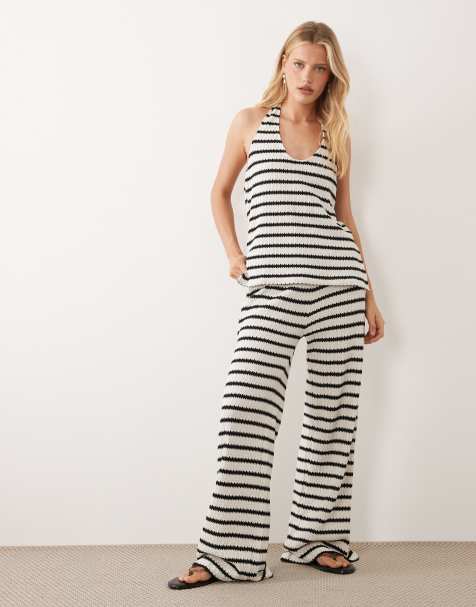 ASOS DESIGN - Gestreepte broek met wijde pijpen in zwart-wit, deel van co-ord set - view 1