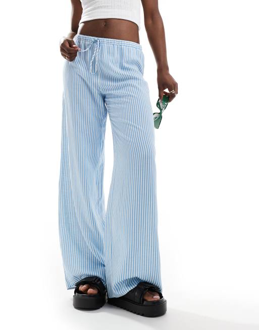 ASOS DESIGN - Gestreepte broek van linnenmix met wijde pijpen en elastische taille in blauw