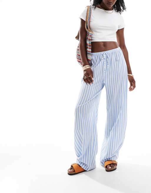 ASOS DESIGN - Gestreepte broek van popeline met rechte, wijde broek en trekkoord in de taille in blauw