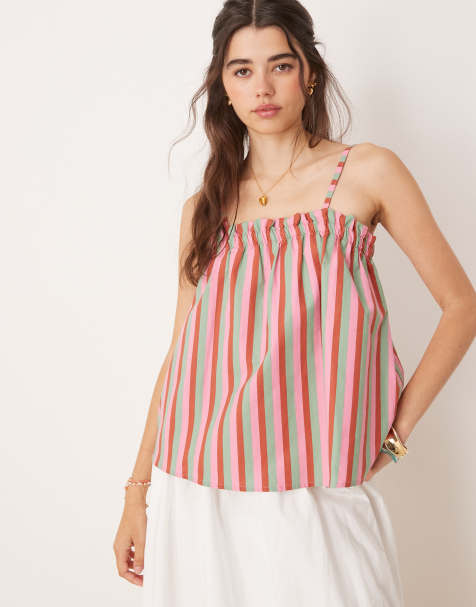 ASOS DESIGN - Gestreepte camitop met linnenlook en A-lijn in roze - view 1