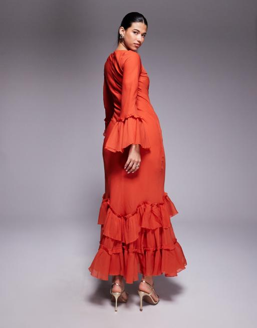 ASOS DESIGN - Gestreepte chiffon maxi-jurk met lange mouwen en ruches in rood, 2 van 4