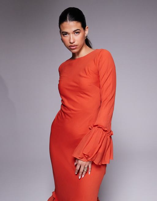 ASOS DESIGN - Gestreepte chiffon maxi-jurk met lange mouwen en ruches in rood, 3 van 4