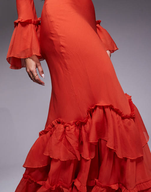 ASOS DESIGN - Gestreepte chiffon maxi-jurk met lange mouwen en ruches in rood, 4 van 4