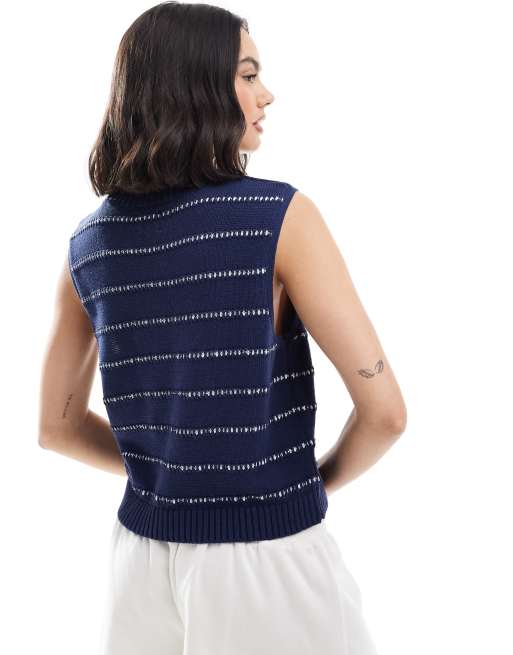 ASOS DESIGN - Gestreepte, gebreide tanktop met rikrak-steek in marineblauw, 3 van 4
