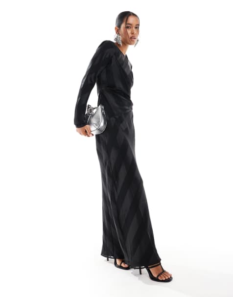 ASOS DESIGN - Gestreepte, gedrapeerde maxi jurk met lange mouwen in zwart - view 1