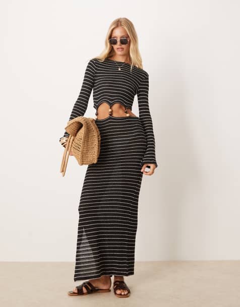 ASOS DESIGN - Gestreepte gehaakte maxi jurk met lange mouwen, uitsnijdingen en kralen - view 1