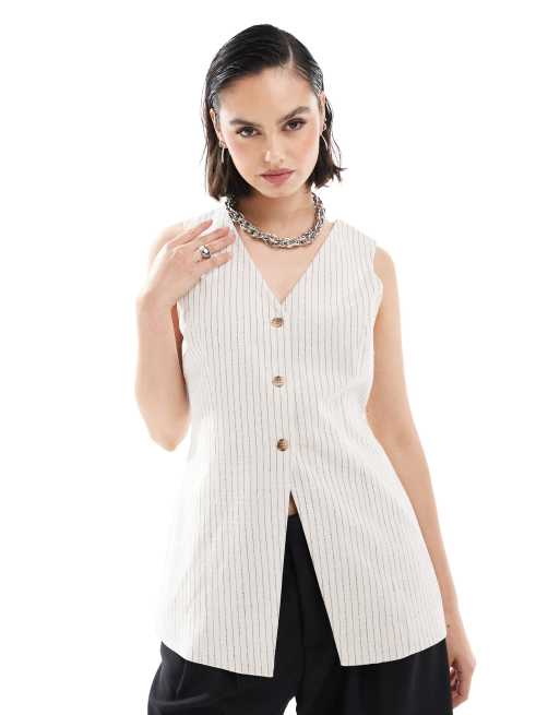 ASOS DESIGN - Gestreepte gilet met lange pasvorm in crème