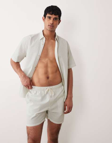 ASOS DESIGN - Gestreepte halflange seersucker zwemshort in saliegroen, deel van co-ord set - view 1
