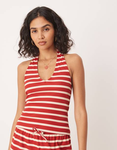 ASOS DESIGN - Gestreepte haltertop in rood, deel van co-ord set - view 1