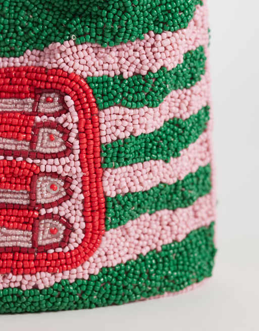 ASOS DESIGN - Gestreepte handtas met sardientjesmotief van kralen in roze en groen, 3 van 4
