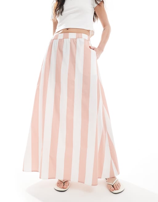 ASOS DESIGN - Gestreepte katoen maxirok met A-lijn in roze, deel van co-ord set, 3 van 5