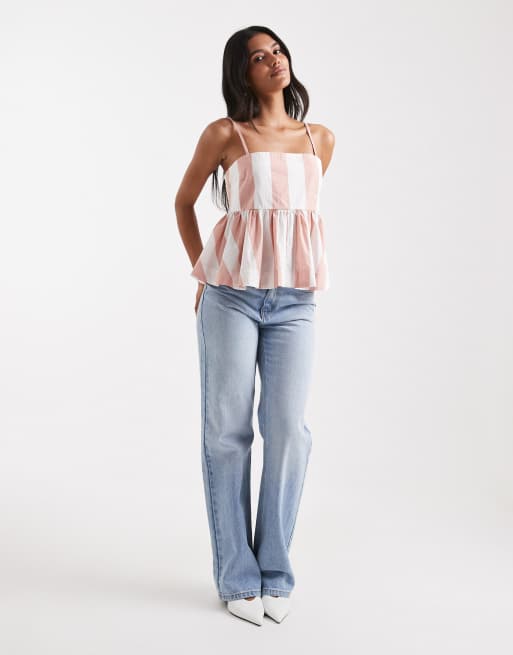 ASOS DESIGN - Gestreepte katoenen camitop met peplum in roze, 2 van 4