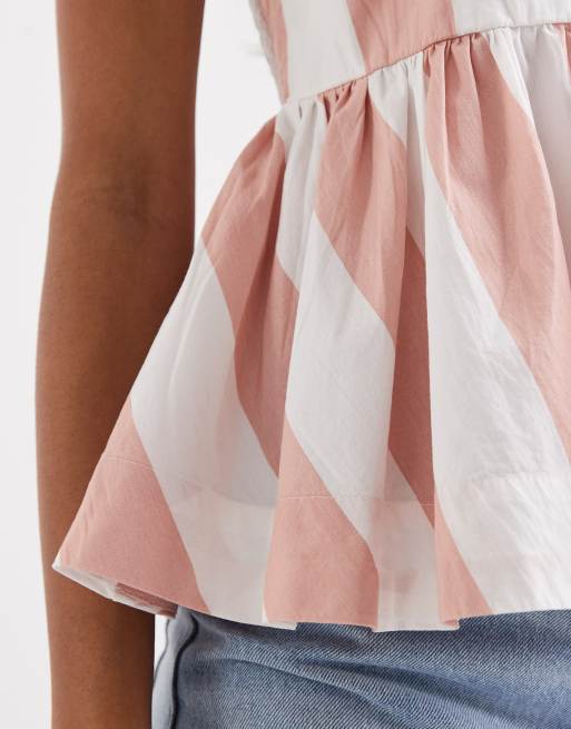 ASOS DESIGN - Gestreepte katoenen camitop met peplum in roze, 3 van 4