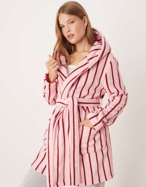 ASOS DESIGN - Gestreepte korte badjas van microfleece in roze, 4 van 4