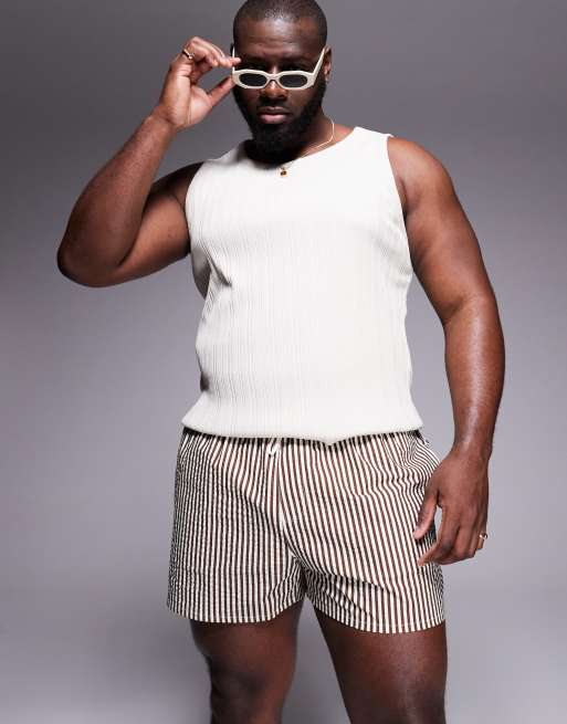 ASOS DESIGN - Gestreepte korte zwemshort van seersuckerstof in bruin, 2 van 4