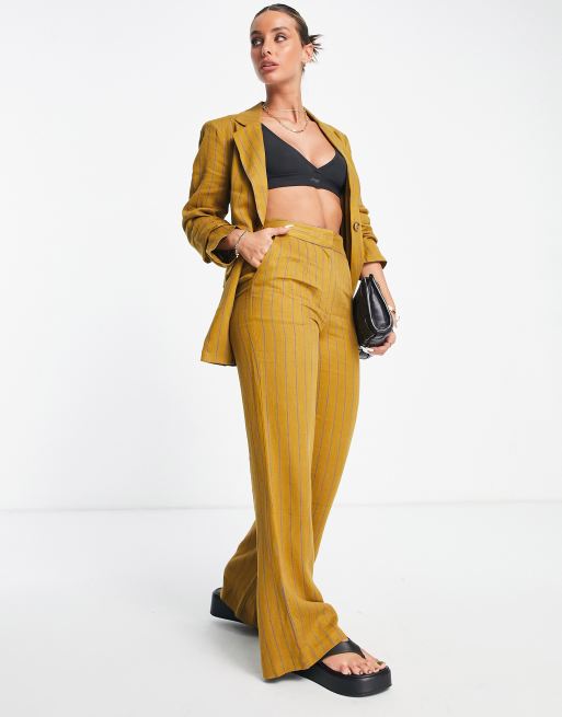ASOS DESIGN - Gestreepte linnen pantalon in mosterdgeel en blauw 