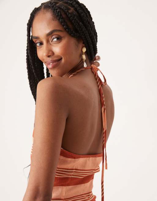 ASOS DESIGN - Gestreepte maxi jurk met halternek en verlaagde taille in terracotta, 2 van 4
