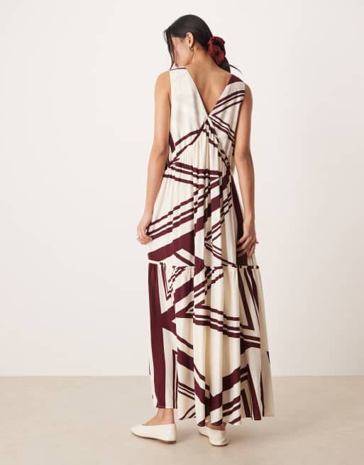 ASOS DESIGN - Gestreepte maxi jurk met V-hals, A-lijn en stroken in chocoladebruin en crème, 2 van 4