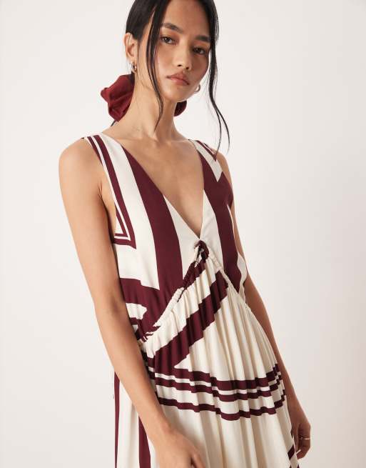 ASOS DESIGN - Gestreepte maxi jurk met V-hals, A-lijn en stroken in chocoladebruin en crème, 3 van 4