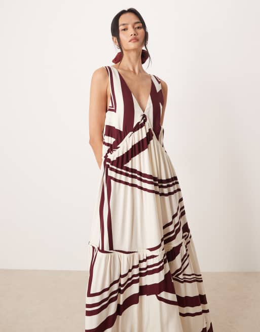 ASOS DESIGN - Gestreepte maxi jurk met V-hals, A-lijn en stroken in chocoladebruin en crème, 4 van 4