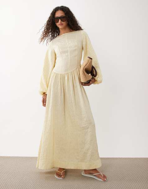 ASOS DESIGN - Gestreepte maxi jurk van popeline met asymmetrische taille en volumineuze mouwen in lichtgeel - view 1