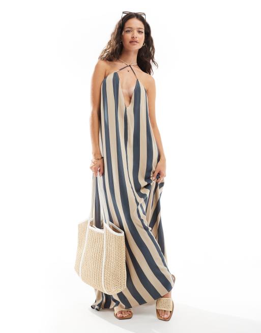 ASOS DESIGN - Gestreepte maxi jurk van viscose met A-lijn in marineblauw en beige