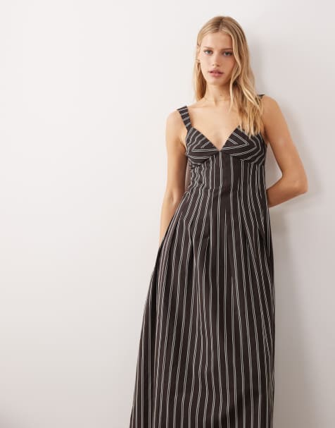 ASOS DESIGN - Gestreepte midi cami-slipdress met structuur in bruin - view 1