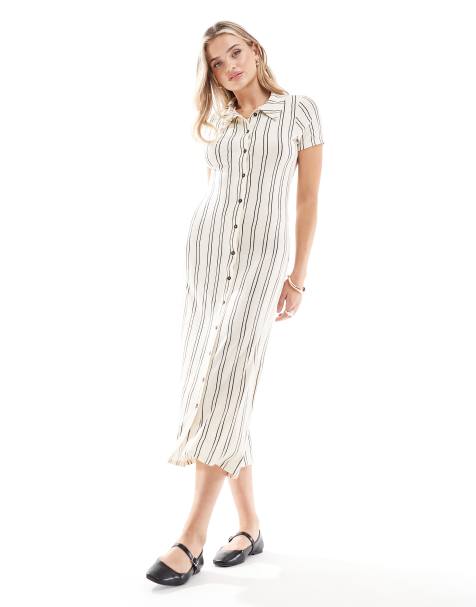 ASOS DESIGN - Gestreepte midi-jurk met korte mouwen en knoopsluiting in wit - view 1