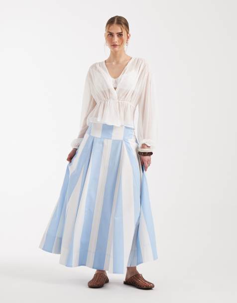 ASOS DESIGN - Gestreepte midi rok met verlaagde taille en volumineuze godetplooien in blauw en wit - view 1