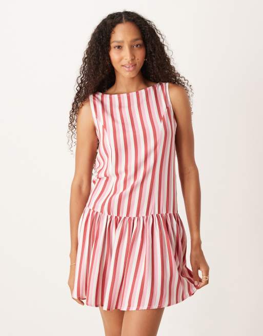 ASOS DESIGN - Gestreepte mini jurk met linnenlook en verlaagde taille in roze, 3 van 4