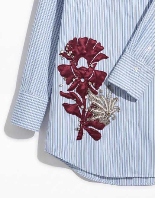 ASOS DESIGN - Gestreepte mini-overhemdjurk met bloemenborduursel in blauw, 7 van 7