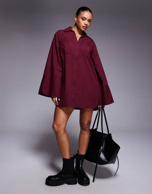 ASOS DESIGN - Gestreepte mini overhemdjurk met brede manchetten en oversized zakken in kersenrood, 2 van 4